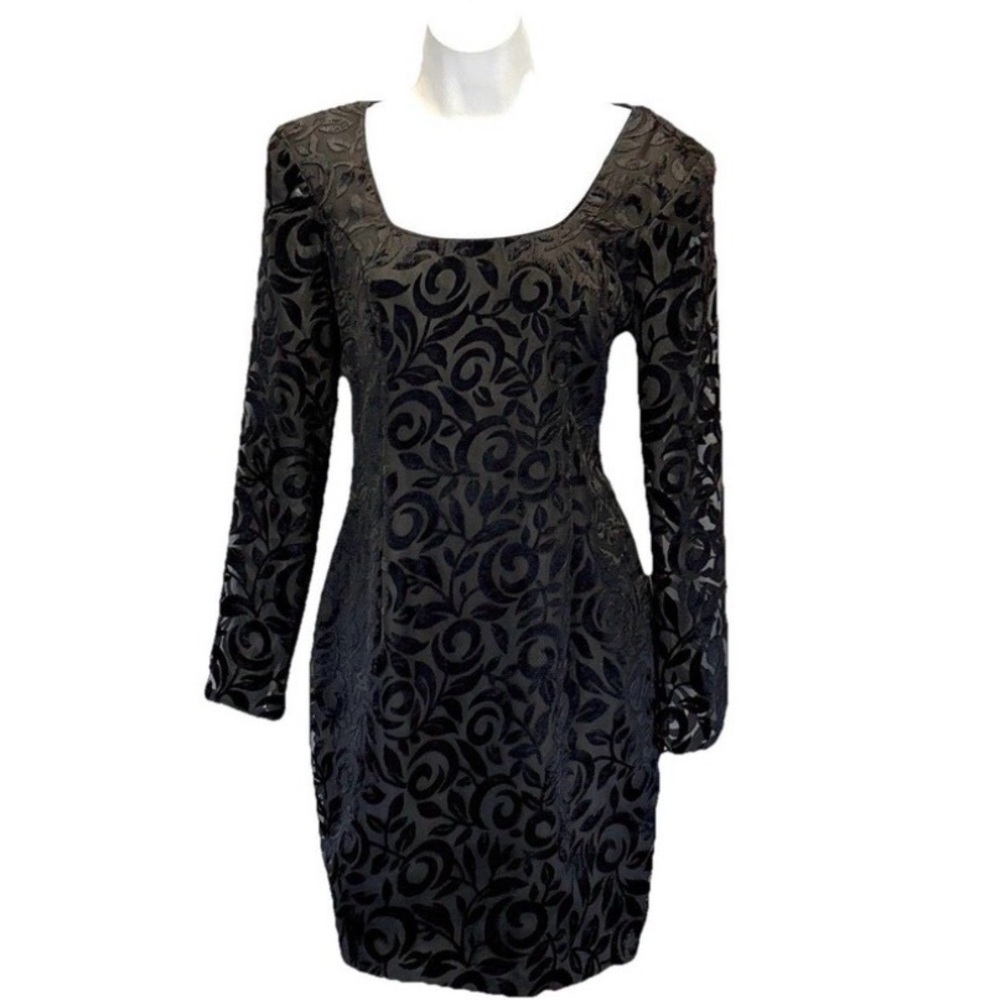 Vtg Hollywood Nites Velvet Cocktail Dress Size 4 Floral Brocade Long Sleeve USA